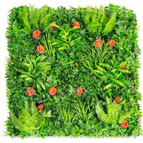 Primrose Pack of 8 Artificial Red Rose and Green Wall Hedge Panels, W: 100 cm x H: 100 cm