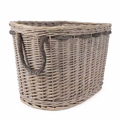 Madison & Mayfair Oval Open Weave Rattan Log Basket with Handles in Grey, W/D/H: 35.6 x 32.0 x 31.0 cm