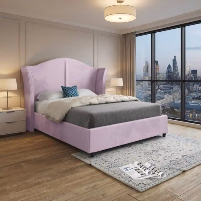 KDMD Yorkley Curved Winged Upholstered Designer Bed Frame in Pink Soft Velvet, Super King, 200 x 200 cm