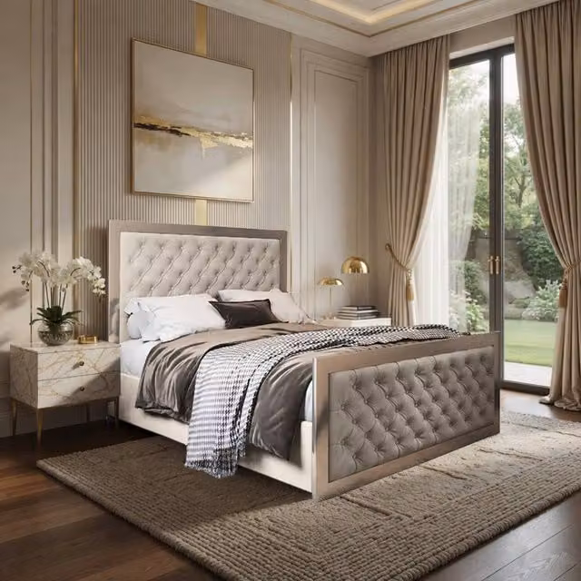 Casani Launceston Upholstered Velvet Designer Bed Frame in Beige and Black, W: 90 cm, D: 190 cm