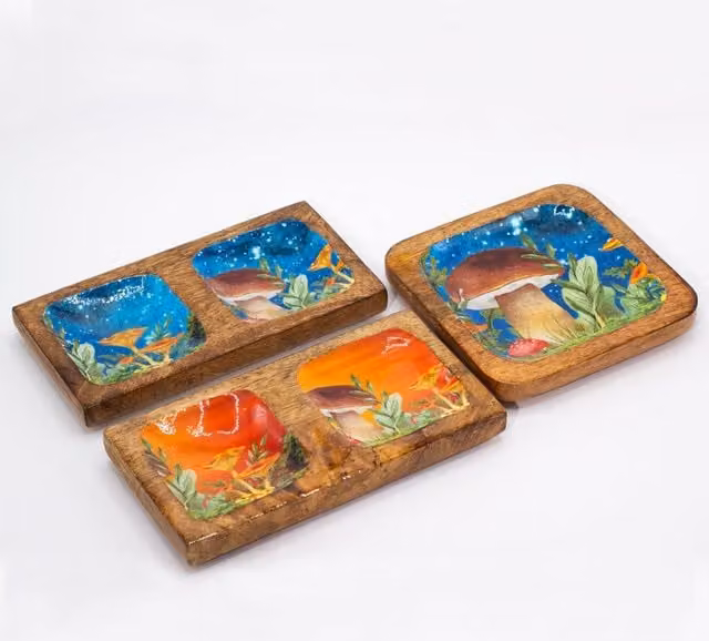 KDMK Floral Mushroom Square Wood Trinket Tray, Multicolour, W/D/H: 15 x 15 x 2.5 cm