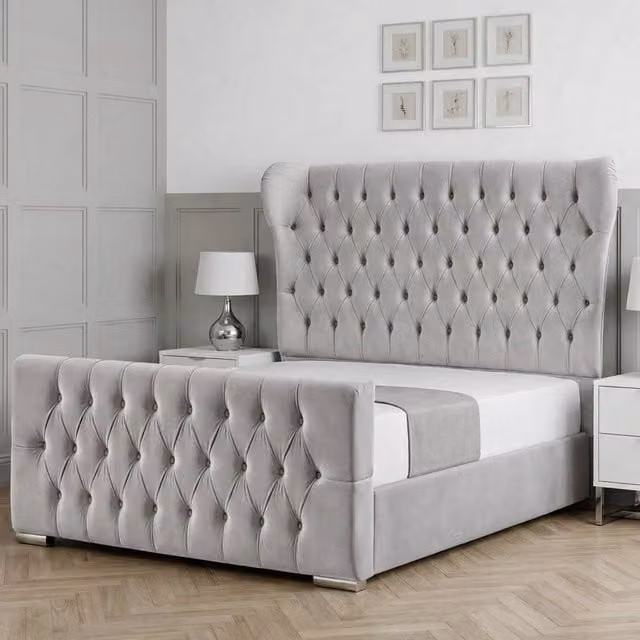 Living Comfort Bedz Velvetine Plush Velvet Upholstered Bed with Slatted Base and 48 Inch Headboard in Silver, Single Size
