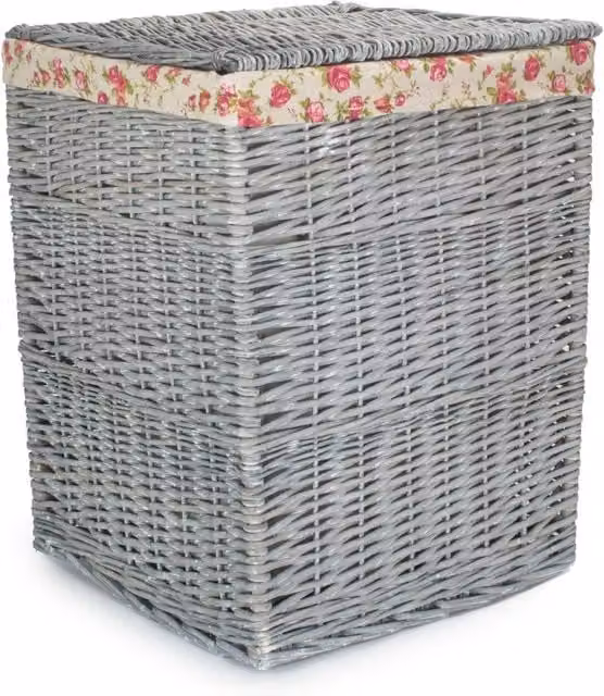 Red Hamper Grey Wash Square Wicker Laundry Basket with Garden Rose Cotton Lining, Small, W/D/H: 33.0 x 50.0 x 33.0 cm