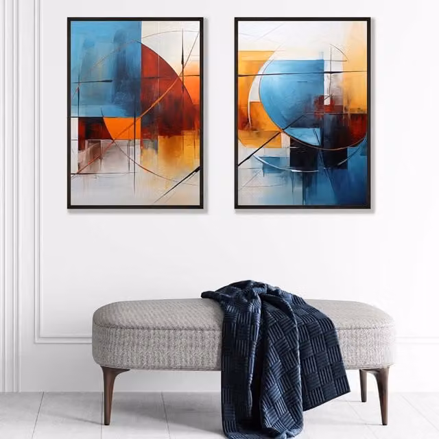ARTZE Abstract Colourful Watercolour Shapes Set of 2 Art Prints in Black Wood Frames, Bright Blue and Multicolour, W: 50 cm, H: 70 cm
