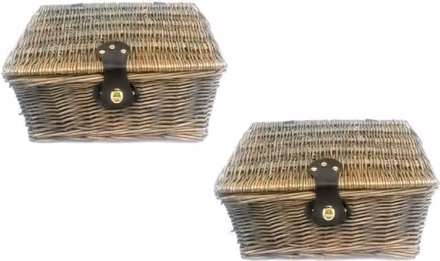 Topfurnishing Picnic Hamper Lidded Basket with Latch in Brown Wood and Rattan, Diameter: 28 cm, Pack of 2