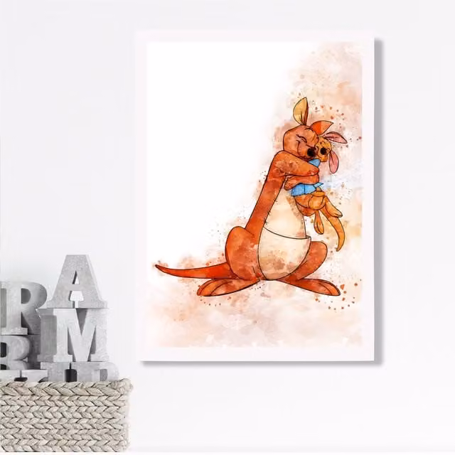 ARTZE Kanga and Roo Watercolour Winnie the Pooh Art Print with White Frame in Orange