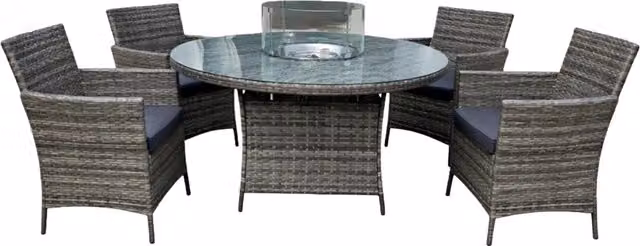 Madefor.living Grey Polyrattan Fire Pit Dining Set with Round Table and 4 Wicker Armchairs with Cushions