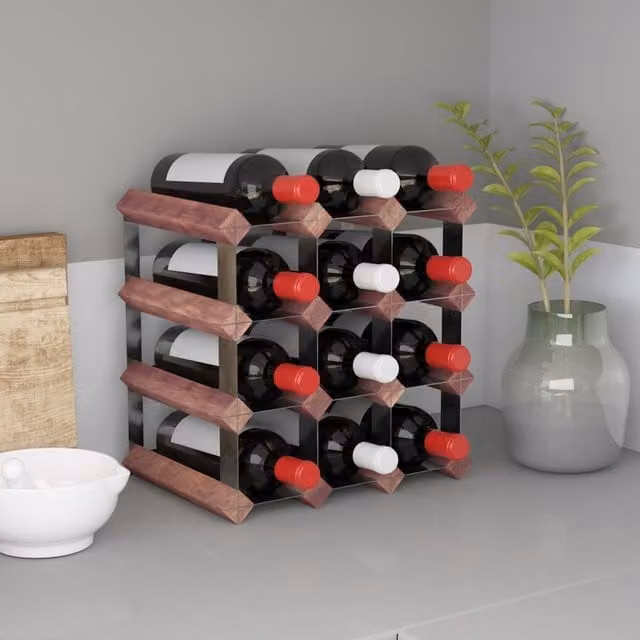 Berkfield Home Rustic Brown Solid Pine and Metal Wall Mounted Wine Rack for 12 Bottles