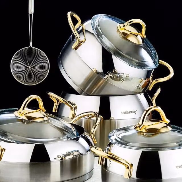 Evimsaray Venus Series 8-Piece Stainless Steel Cookware Set with Glass Lids and Gold Handles, Silver