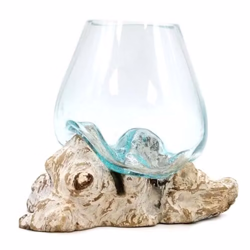 Serenityy Large Decorative Abstract Bowl in White and Transparent Molten Glass on Whitewashed Wood
