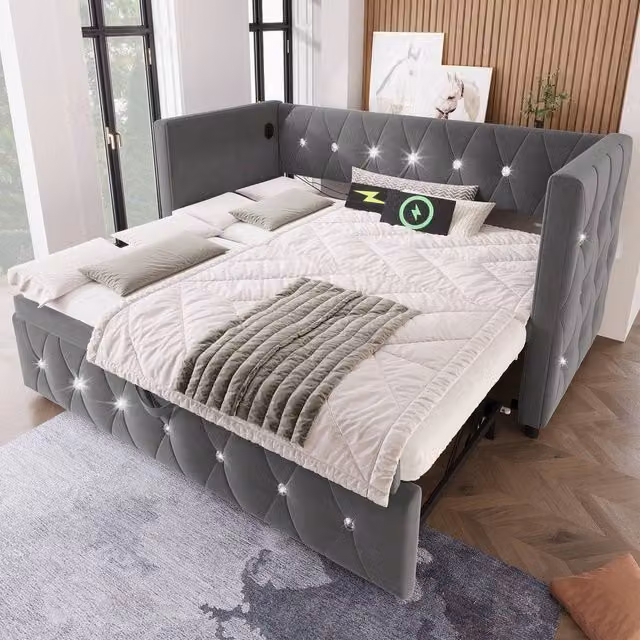 Merax Grey Velvet Upholstered Single Daybed with Trundle and USB Charging Port, W/D/H: 90 x 190 cm