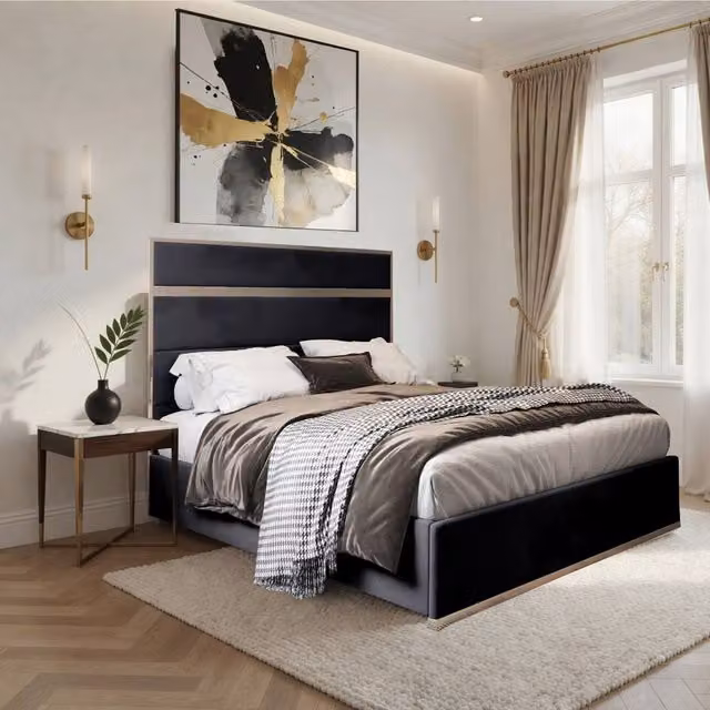 Casani Fladbury Upholstered Velvet Designer Bed Frame in Black, W/D/H: 90 x 190 cm