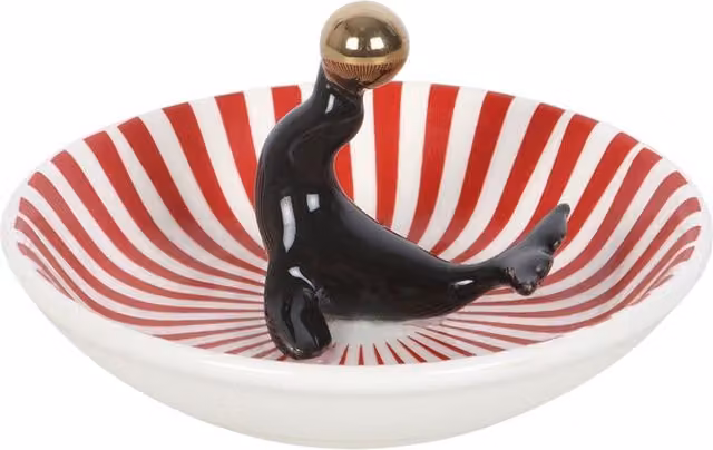 Kingsbury Gifts Circus Seal Ceramic Trinket Dish and Jewellery Tray, Red, Black, Gold and White Striped, Round Tabletop Design
