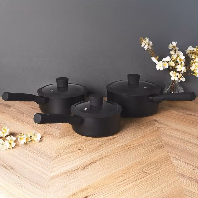 Ayano Soft Touch Non Stick Saucepan Set with Lids, Black, 11.5 cm