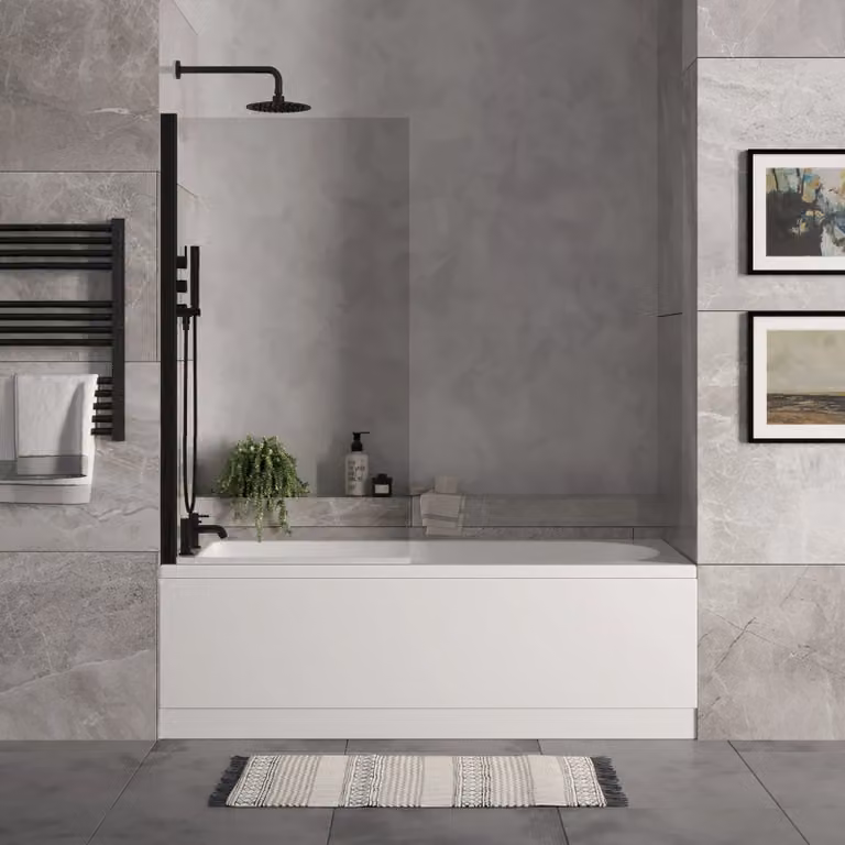 Balterley Round Floor Standing Bath Set in White with Black Screen and Chrome Waste, W/D/H: 170 x 70 x 3 cm