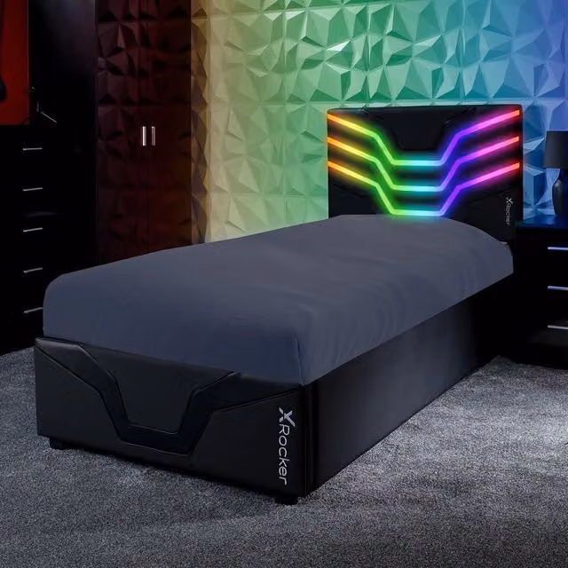 X Rocker Cosmos Single Bed with Under-Bed LED Lighting in Black Synthetic Leather, W/D/H: 90 x 200 cm