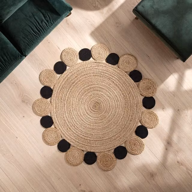 Orsina Bosie Demir Small Round Woven Jute Rug in Brown and Black, Diameter: 100 cm