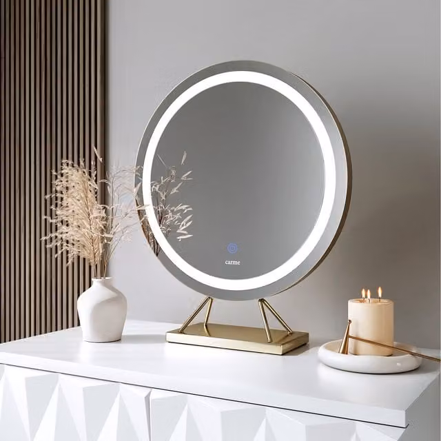 Carme Evie Round Tabletop Gold Mirror with Dimmable LED Touch Sensor Light