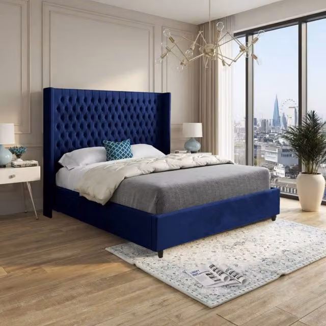 KDMD Wellesbourne Winged Upholstered Designer Bed Frame in Blue Soft Velvet, Small Single