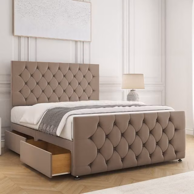 BSSPOKE Maya Plush Velvet Single Divan Bed with 24 inch Headboard, 2 Drawers Same Side and Mattress in Bronze, W/D/H: 90 x 190 cm