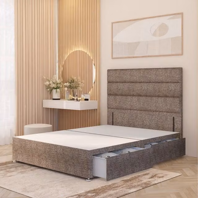 Somnior Beds Ltd Horizona Modern Upholstered Divan Bed Base with Drawers and Headboard in Brown Fabric, W/D/H: 200 x 180 x 34.5 cm