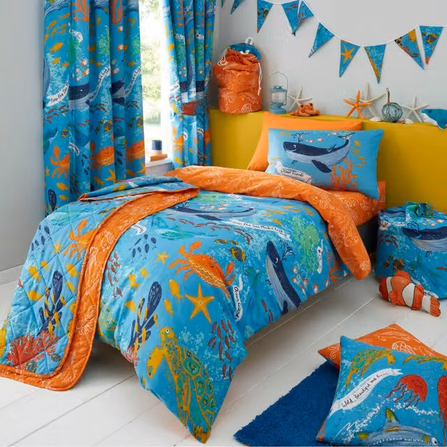 Happy Linen Company Ocean Friends Kids Reversible Nautical Duvet Cover and Pillowcase Set, Blue, W/D/H: 200 x 200 cm, Pillowcase: 50 x 75 cm