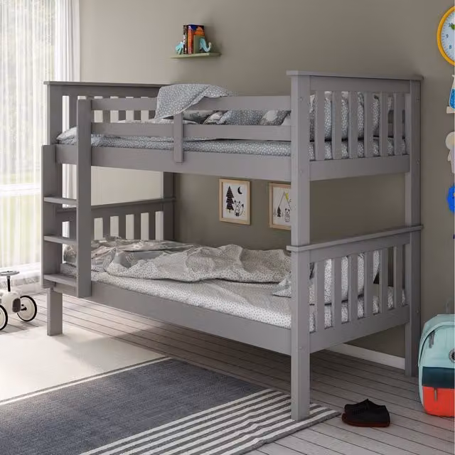 Bedmaster Carra Grey Solid Wood Single Bunk Bed with Two Orthopaedic Spring Mattresses, 90 x 190 cm