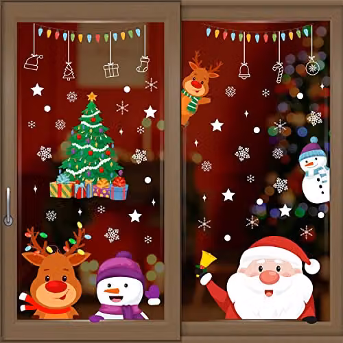 WALPLUS Christmas Window Stickers, 55 Piece Reusable Double-Sided Peeking Santa and Friends Decals for Glass Home Décor, Multicolour