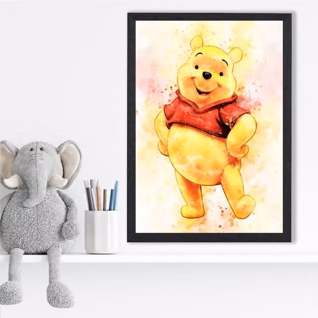 ARTZE Winnie the Pooh Watercolour Art Print with Black Frame, Yellow, A2
