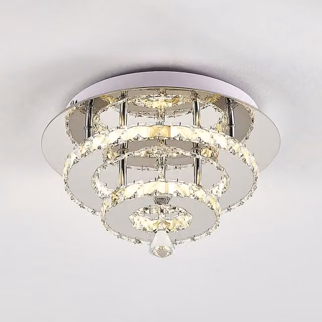 Living Star Modern Double Tier Round Crystal LED Ceiling Light in Chrome and Silver