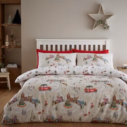 Catherine Lansfield Christmas Town Reversible King Duvet Cover Set with Pillowcases, Multicolour, W/D/H: 220 x 180 x 200 cm
