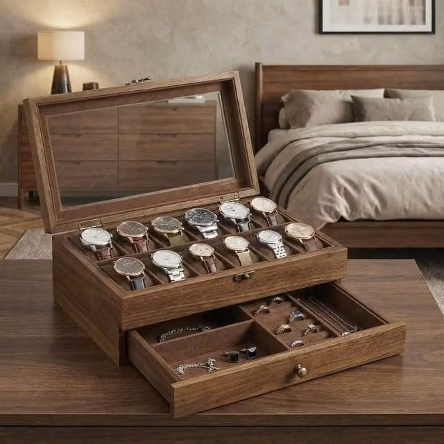 EONLION Brown Solid Wood Watch Box with 12 Slots