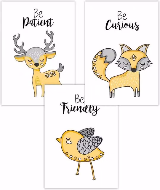 ARTZE Set of 3 Scandi Nursery Fox Animal and Typography Paper Posters in Yellow and Grey, W: 42 cm, H: 59 cm
