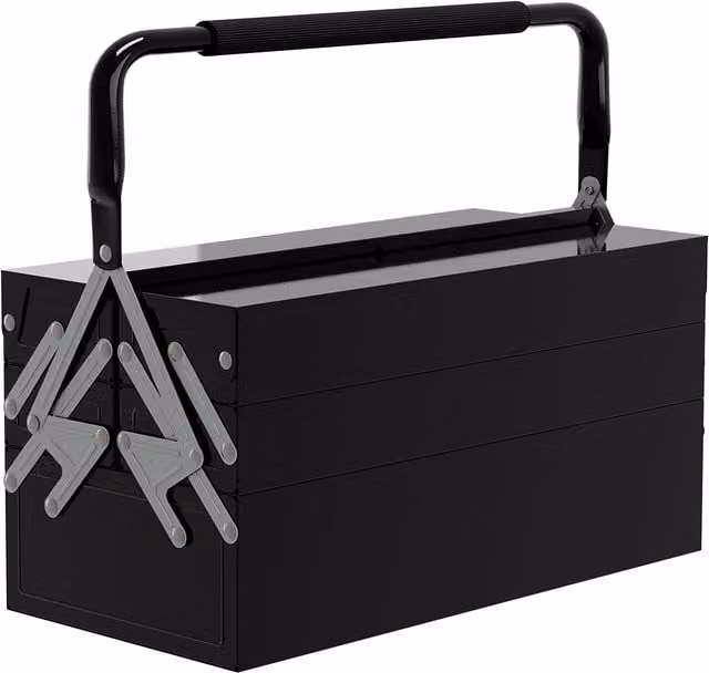 DURHAND Professional 3 Tier Metal Toolbox with 5 Trays and Handle, Black, W: 45.0 cm, D: 22.5 cm, H: 34.5 cm