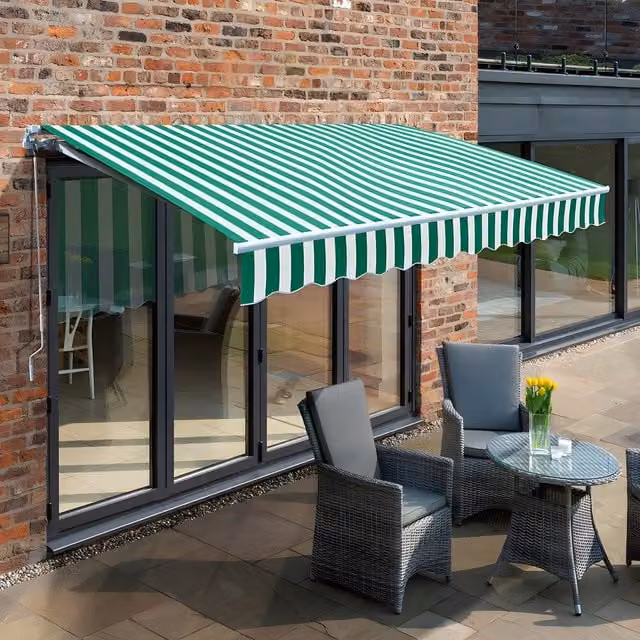 Primrose Electric Retractable Motorised Folding Arm Awning in Green and White Striped Aluminium, W/D/H: 250 x 200 cm