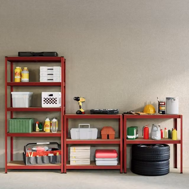 Home Discount Home Vida Set of 2 Red 5 Tier Heavy Duty Garage Shelves and Work Benches, W: 150 cm, D: 70 cm, H: 70 cm