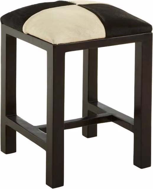 Orsina Black and White Checked Leather Bar Stool with Natural Teak Wood Frame