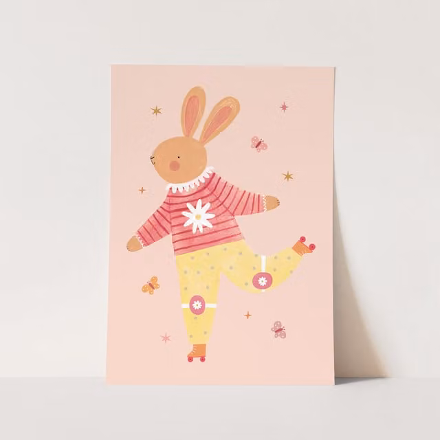 Kid of the Village Rollin' Rabbit Fine Art Paper Poster, W: 42 cm, H: 59.4 cm, Pink, White and Yellow