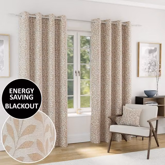 Enhanced Living Sherwood Blackout Jacquard Leaf Eyelet Curtains in Beige and Brown, H: 183 cm, W: 229 cm