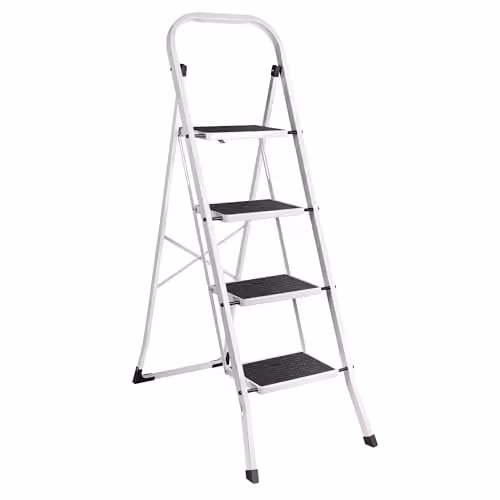 VonHaus 4-Step Steel Folding Step Ladder in White with 150kg Max Capacity