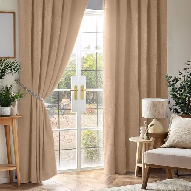 Livinluxury Beige Chenille Blackout Pencil Pleat Top Curtains, Height: 229 cm, Width: 183 cm