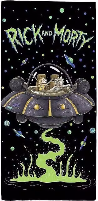 Rick & Morty UFO Graphic Cotton Towel in Black, W: 140 cm, H: 70 cm