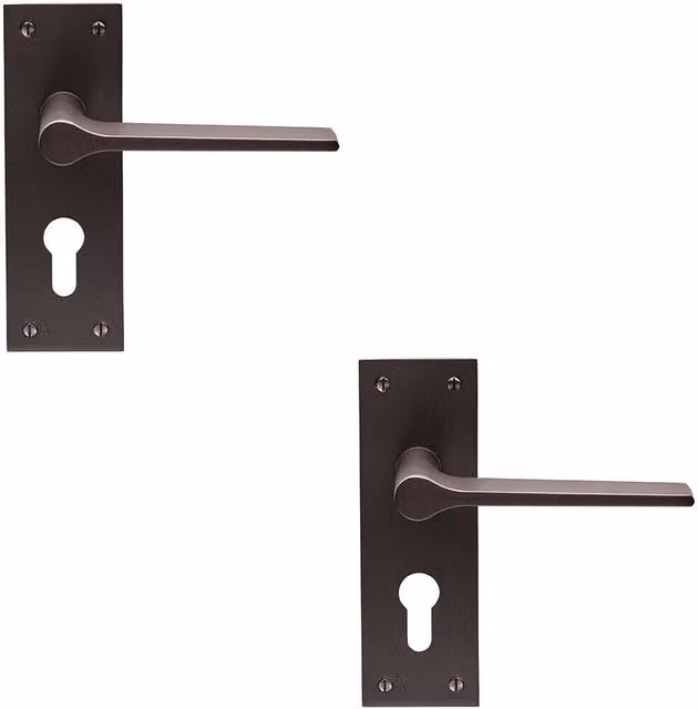 Loops 2x Pair Flat Straight Handle on Slim Euro Lock Backplate, Matt Bronze, W: 150 mm, H: 50 mm