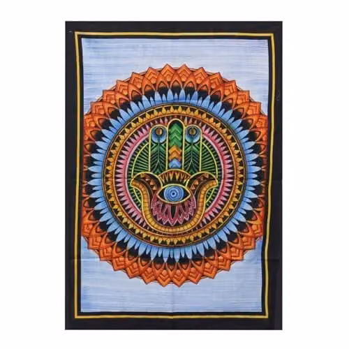 KDMD Ancient Wisdom Hamsa Mandala Handbrushed Cotton Textile Wall Hanging, Multicolour