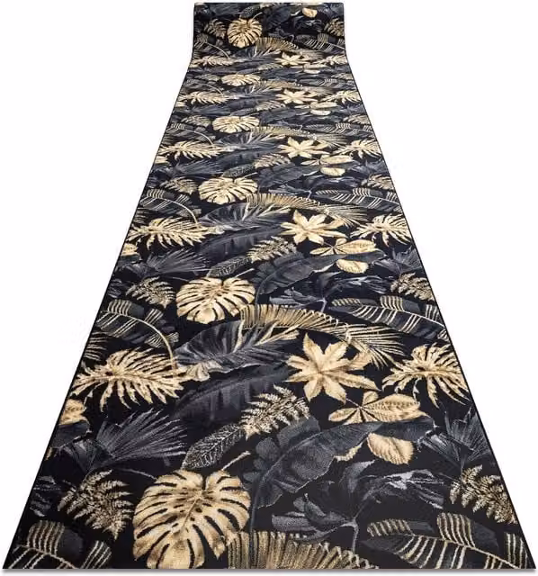 RugsX Anti-Slip Monstera Floral Runner in Gold, W: 80 cm, L: 420 cm