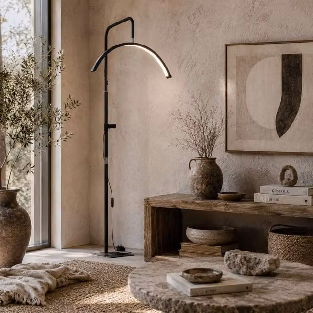 Wyld Haus Elma Black Half Moon Floor Lamp with Rotating Dimmable Head and Phone Holder