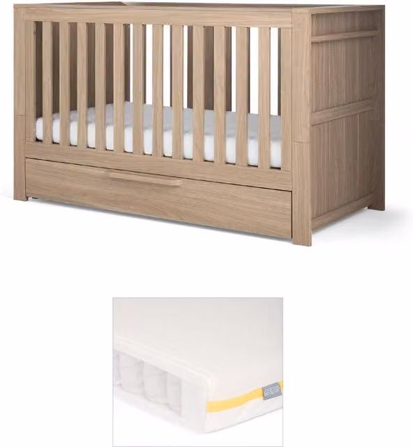 Mamas & Papas Franklin Cotbed and Essential Airflow Pocket Spring Mattress Bundle in Oak