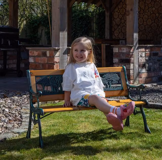 Samuel Alexander Kids 2 Seater Wooden and Cast Iron Garden Bench with Animal Design in Brown