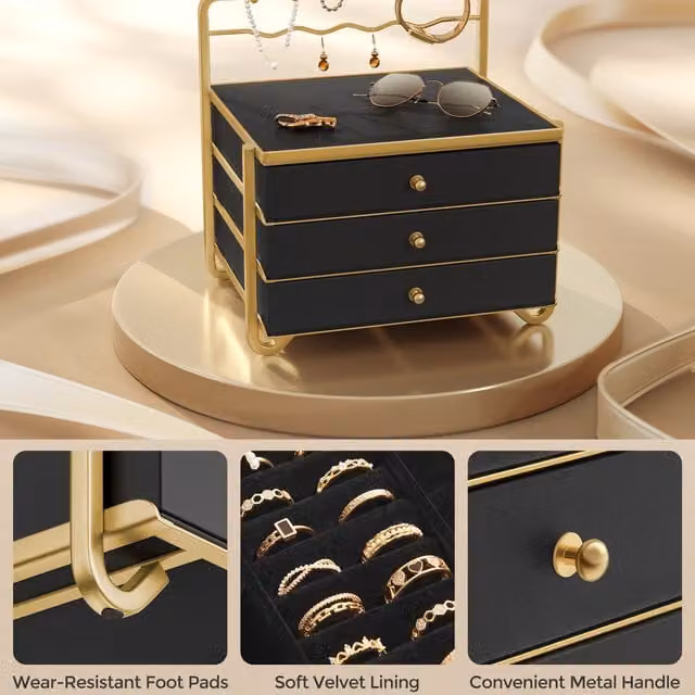 SONGMICS Jewellery Box and Drawer Organiser with Open Storage, Black and Gold