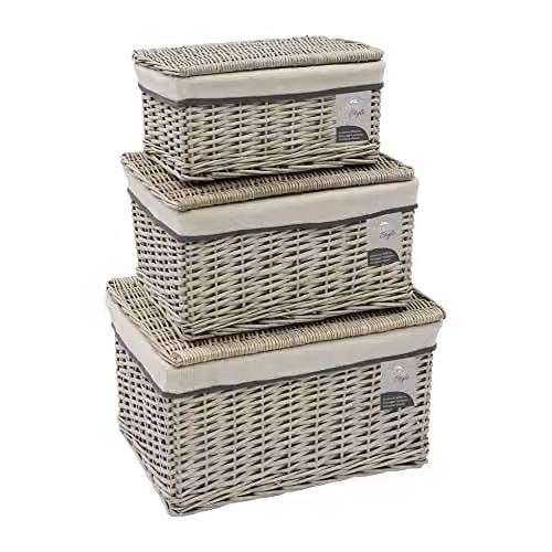 JVL Arianna Set of 3 Rectangular Willow Hamper Baskets with Removable Bags, Grey